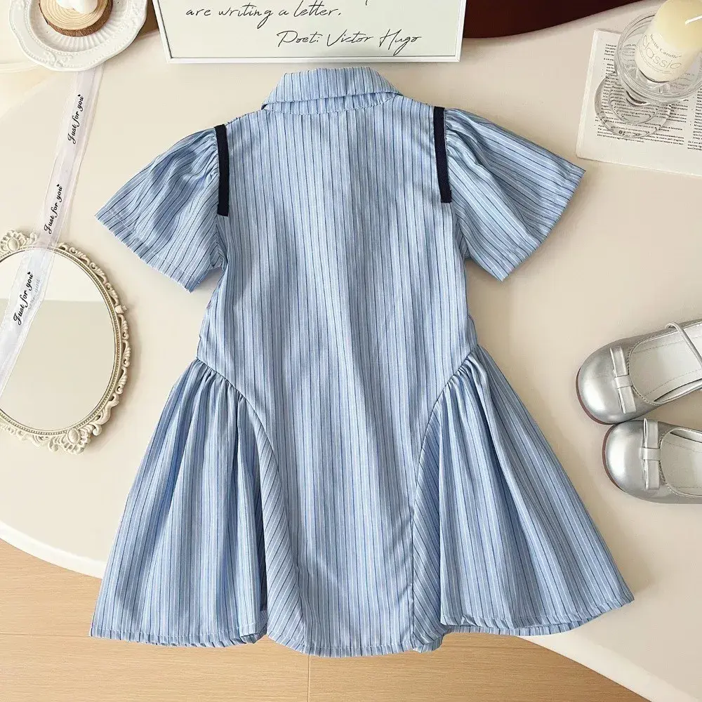 Blue Cute Rabbit Print Polo Collar Short Sleeved Girls' Dress Striped Single Breasted Summer New Casual Clothes 2-11 Years Old