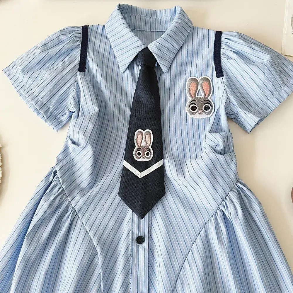 Blue Cute Rabbit Print Polo Collar Short Sleeved Girls' Dress Striped Single Breasted Summer New Casual Clothes 2-11 Years Old