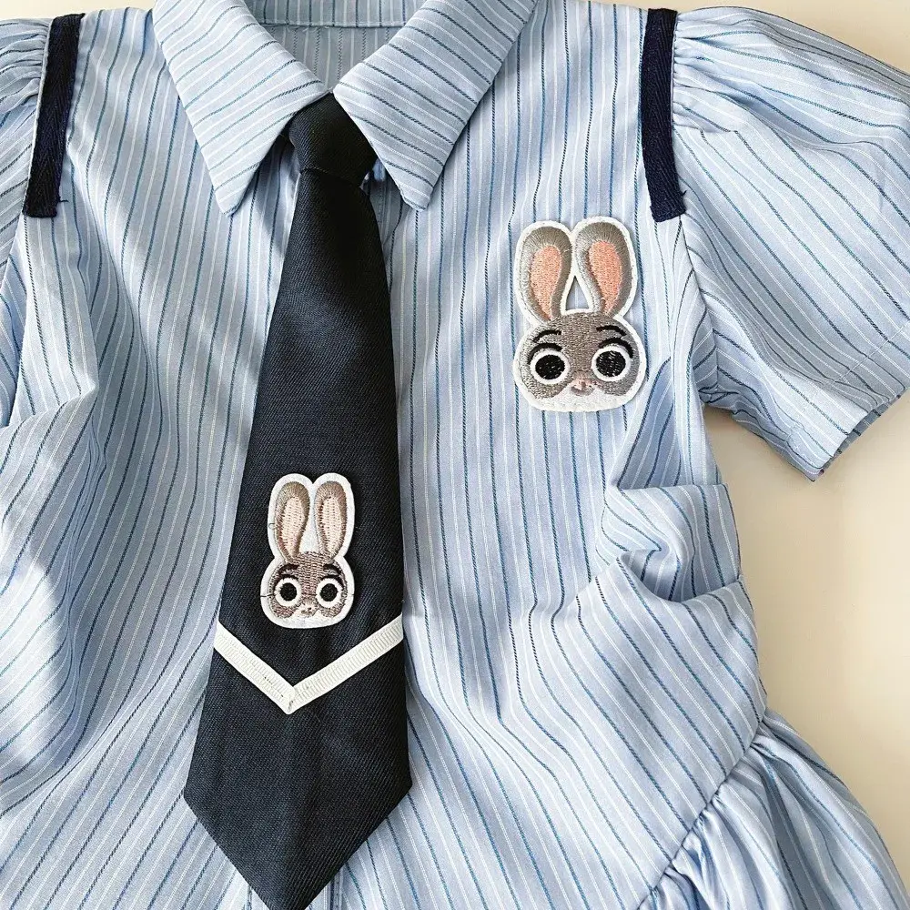 Blue Cute Rabbit Print Polo Collar Short Sleeved Girls' Dress Striped Single Breasted Summer New Casual Clothes 2-11 Years Old