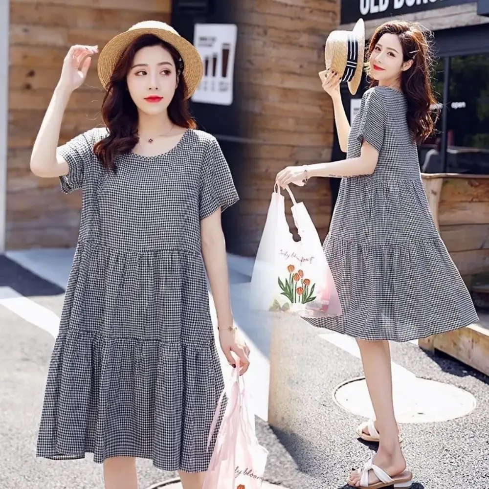 2025 Summer Loose Maternity Fashion Dress Short Sleeve O-Neck Cotton Plaid Dress Pregnant Woman Loose A Line Dress vestidos