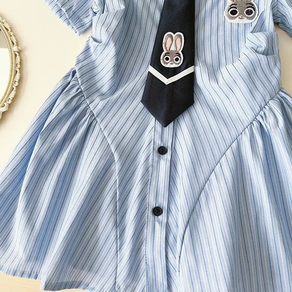Blue Cute Rabbit Print Polo Collar Short Sleeved Girls' Dress Striped Single Breasted Summer New Casual Clothes 2-11 Years Old