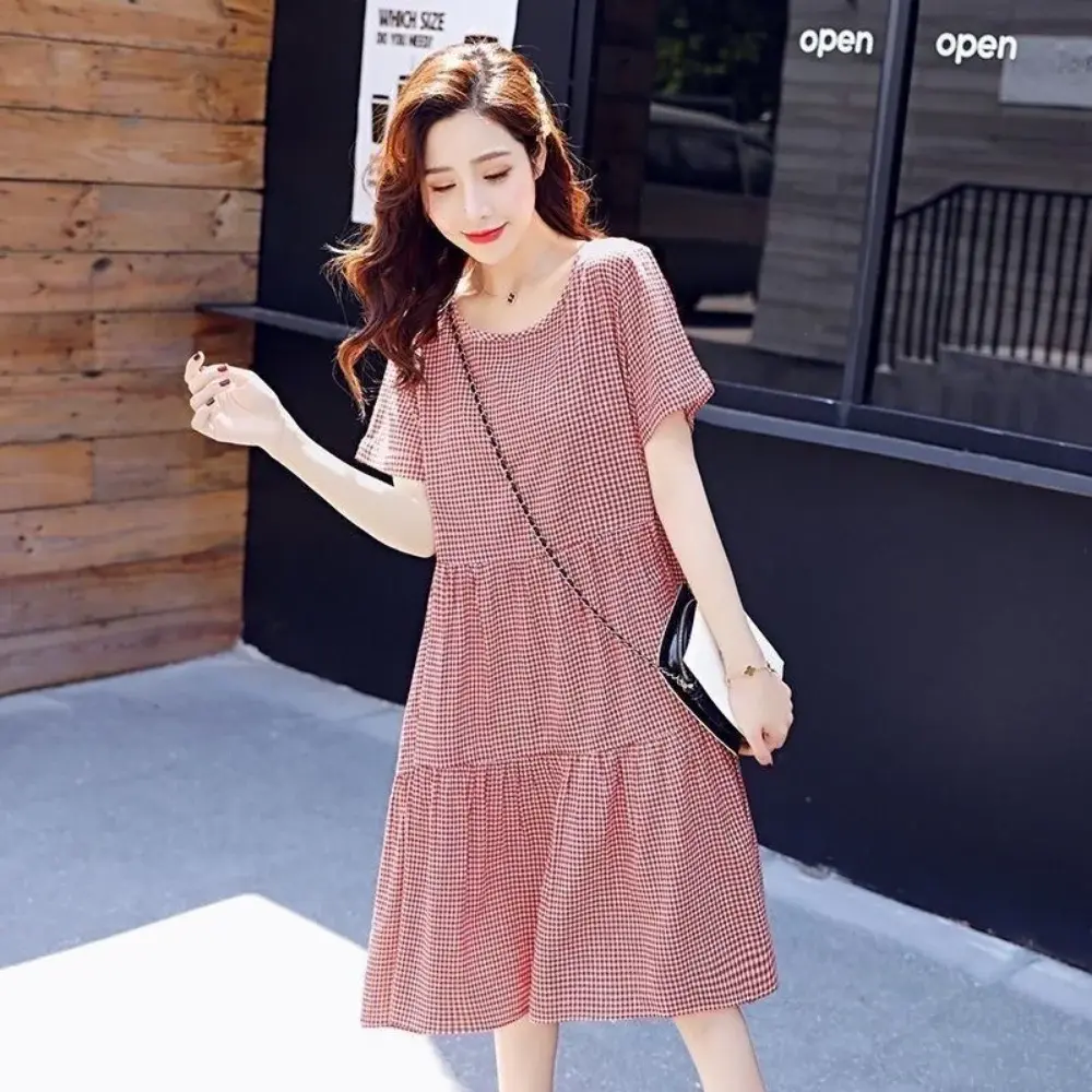 2025 Summer Loose Maternity Fashion Dress Short Sleeve O-Neck Cotton Plaid Dress Pregnant Woman Loose A Line Dress vestidos