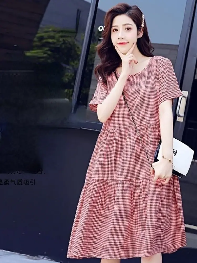 2025 Summer Loose Maternity Fashion Dress Short Sleeve O-Neck Cotton Plaid Dress Pregnant Woman Loose A Line Dress vestidos
