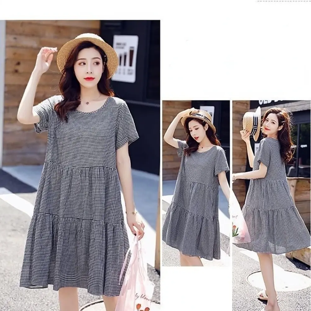 2025 Summer Loose Maternity Fashion Dress Short Sleeve O-Neck Cotton Plaid Dress Pregnant Woman Loose A Line Dress vestidos