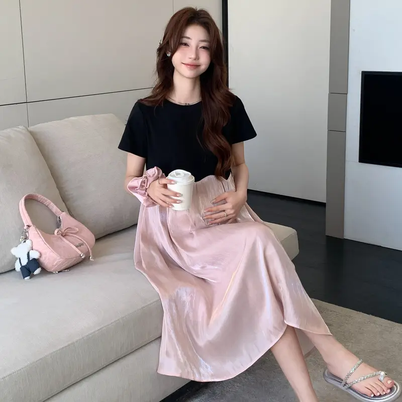 2025 Summer Plus Size Pregnant Women's Clothing Embroidery Collar Long Loose Maternity Pleated Dress Pregnancy Chiffon Dresses