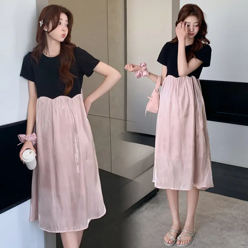 2025 Summer Plus Size Pregnant Women's Clothing Embroidery Collar Long Loose Maternity Pleated Dress Pregnancy Chiffon Dresses