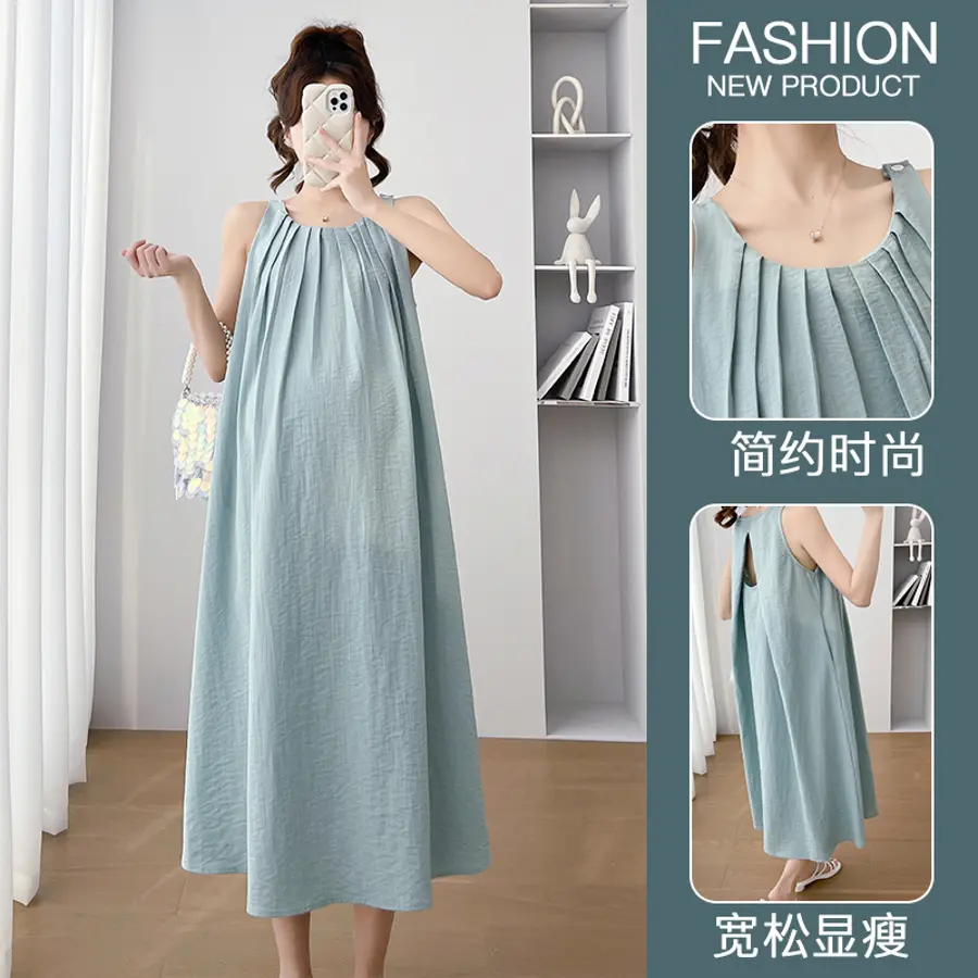 Japan and Korean Style Maternity Summer Clothes Sleeveless Pleated Sundress Solid Color Pregnancy Brief Dress