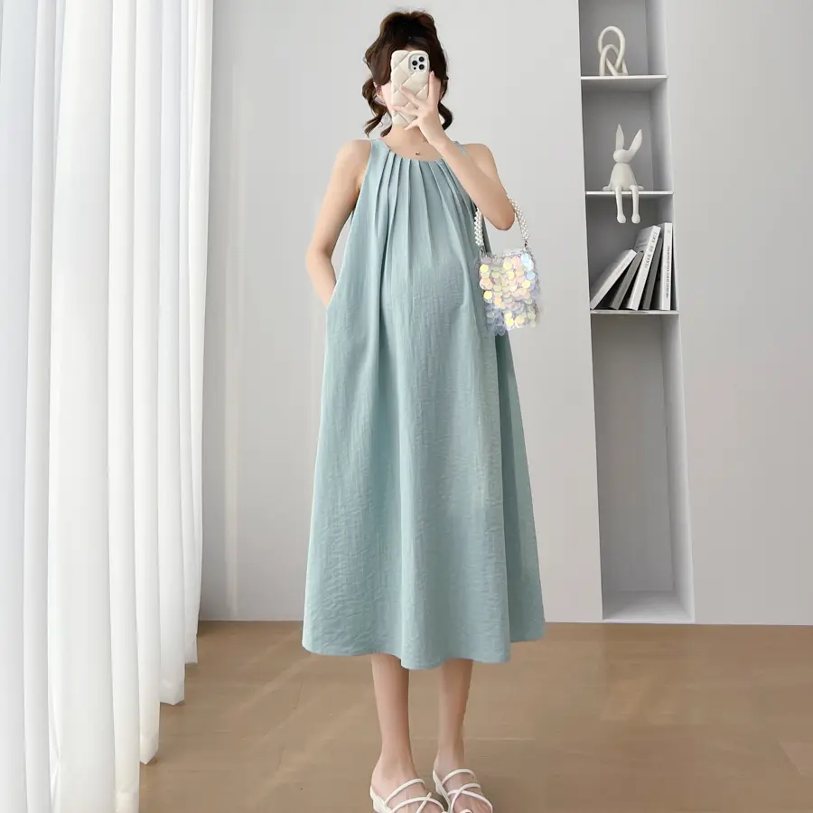 Japan and Korean Style Maternity Summer Clothes Sleeveless Pleated Sundress Solid Color Pregnancy Brief Dress