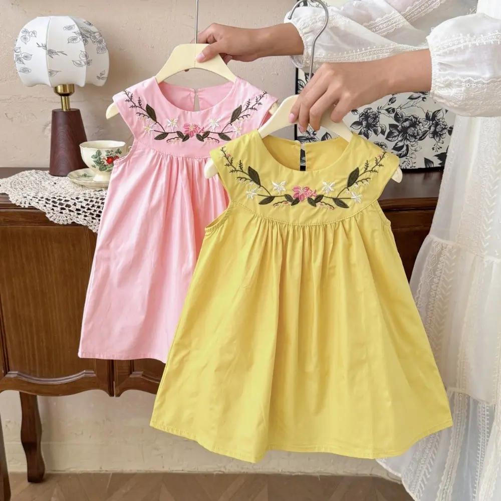 Summer New Girls Sweet Fashion Wear Sleeveless O-Neck Flower Embroidered A-Line Dress 1 Pc 2-7 Years Kids Casual Clothes