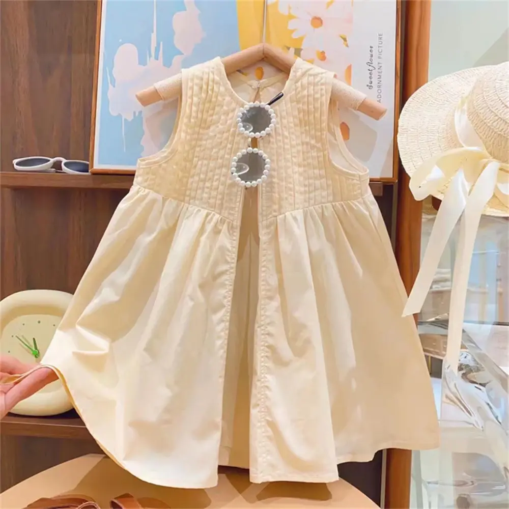 Summer Girls Casual Outfits Solid Color Sleeveless Singel Button A-Line Dress + Hat 2 Pcs Set 2-7 Years Kids Fashion Clothing