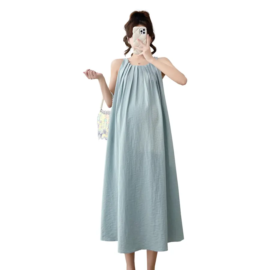 Japan and Korean Style Maternity Summer Clothes Sleeveless Pleated Sundress Solid Color Pregnancy Brief Dress