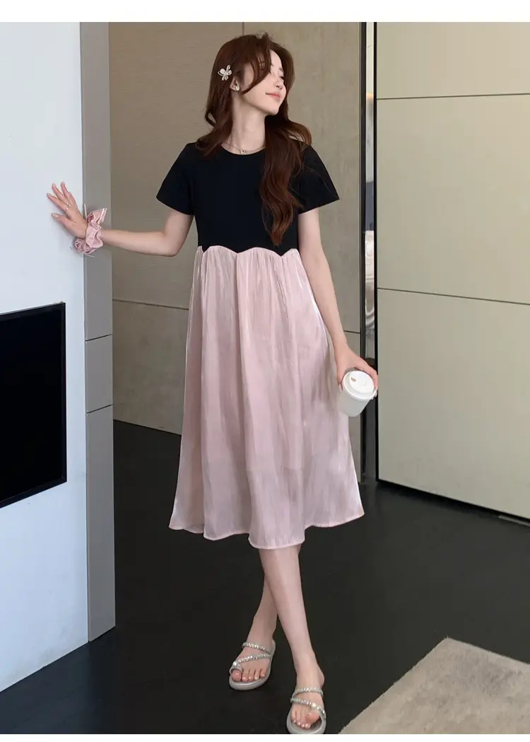 2025 Summer Plus Size Pregnant Women's Clothing Embroidery Collar Long Loose Maternity Pleated Dress Pregnancy Chiffon Dresses