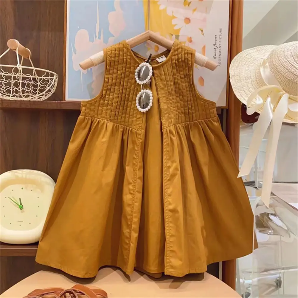 Summer Girls Casual Outfits Solid Color Sleeveless Singel Button A-Line Dress + Hat 2 Pcs Set 2-7 Years Kids Fashion Clothing