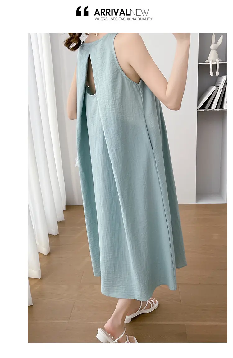 Japan and Korean Style Maternity Summer Clothes Sleeveless Pleated Sundress Solid Color Pregnancy Brief Dress