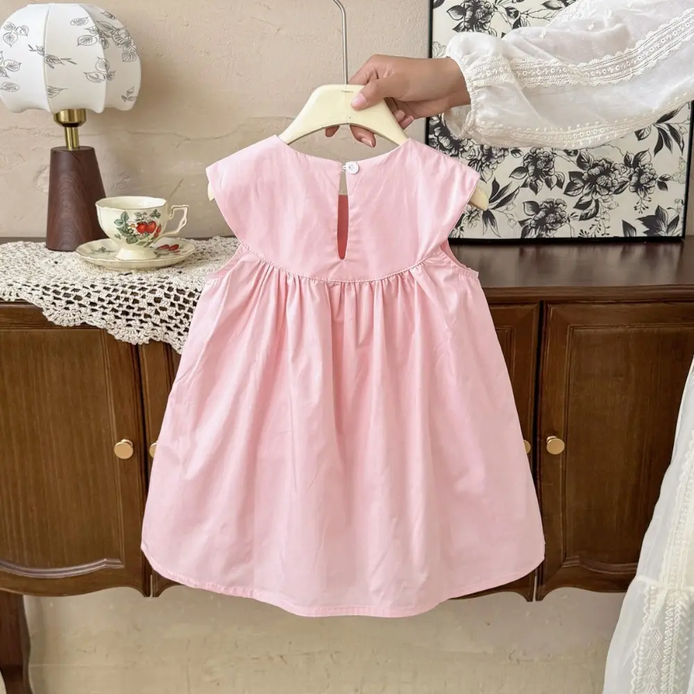 Summer New Girls Sweet Fashion Wear Sleeveless O-Neck Flower Embroidered A-Line Dress 1 Pc 2-7 Years Kids Casual Clothes