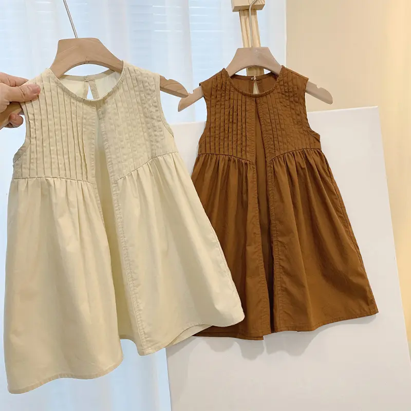 Summer Girls Casual Outfits Solid Color Sleeveless Singel Button A-Line Dress + Hat 2 Pcs Set 2-7 Years Kids Fashion Clothing