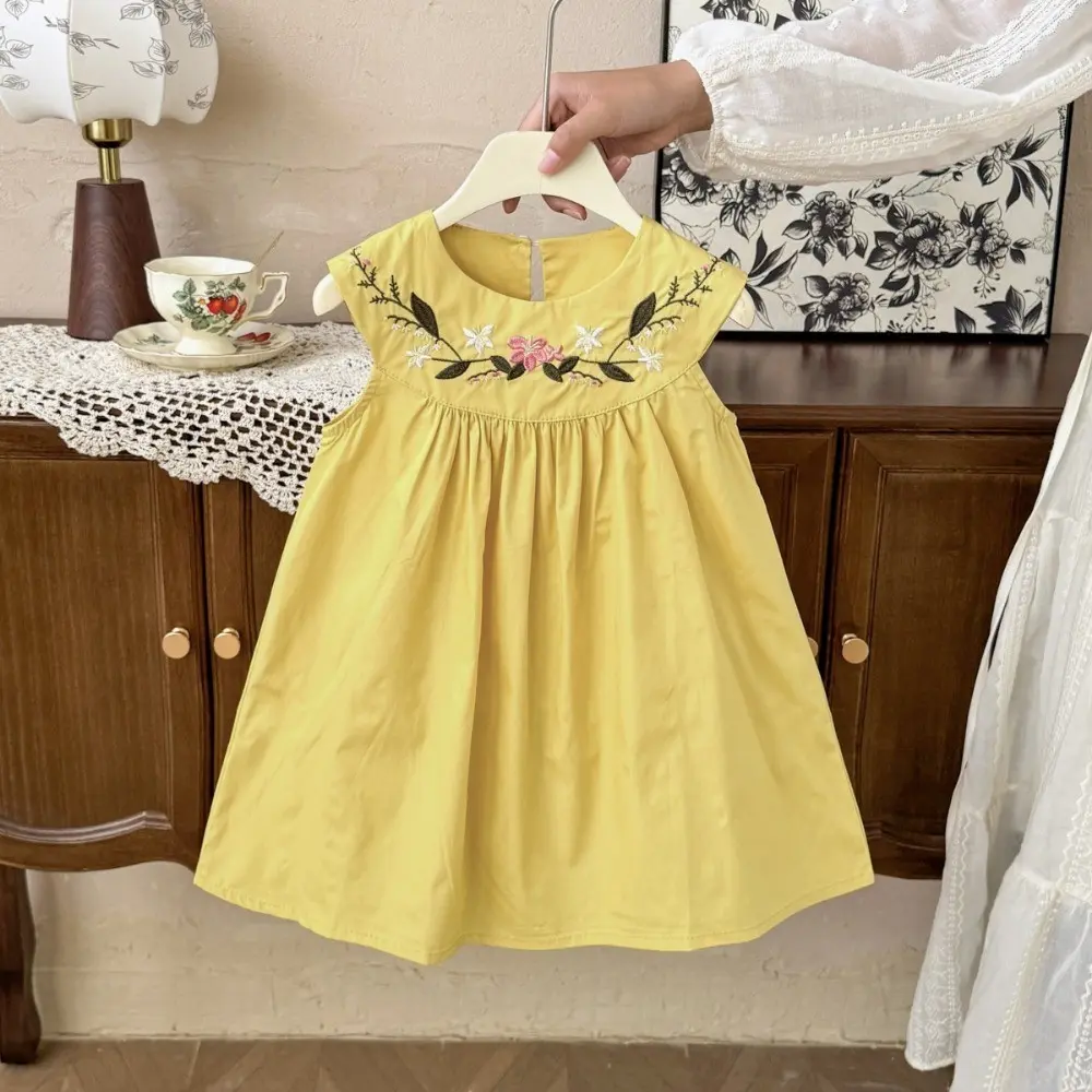 Summer New Girls Sweet Fashion Wear Sleeveless O-Neck Flower Embroidered A-Line Dress 1 Pc 2-7 Years Kids Casual Clothes