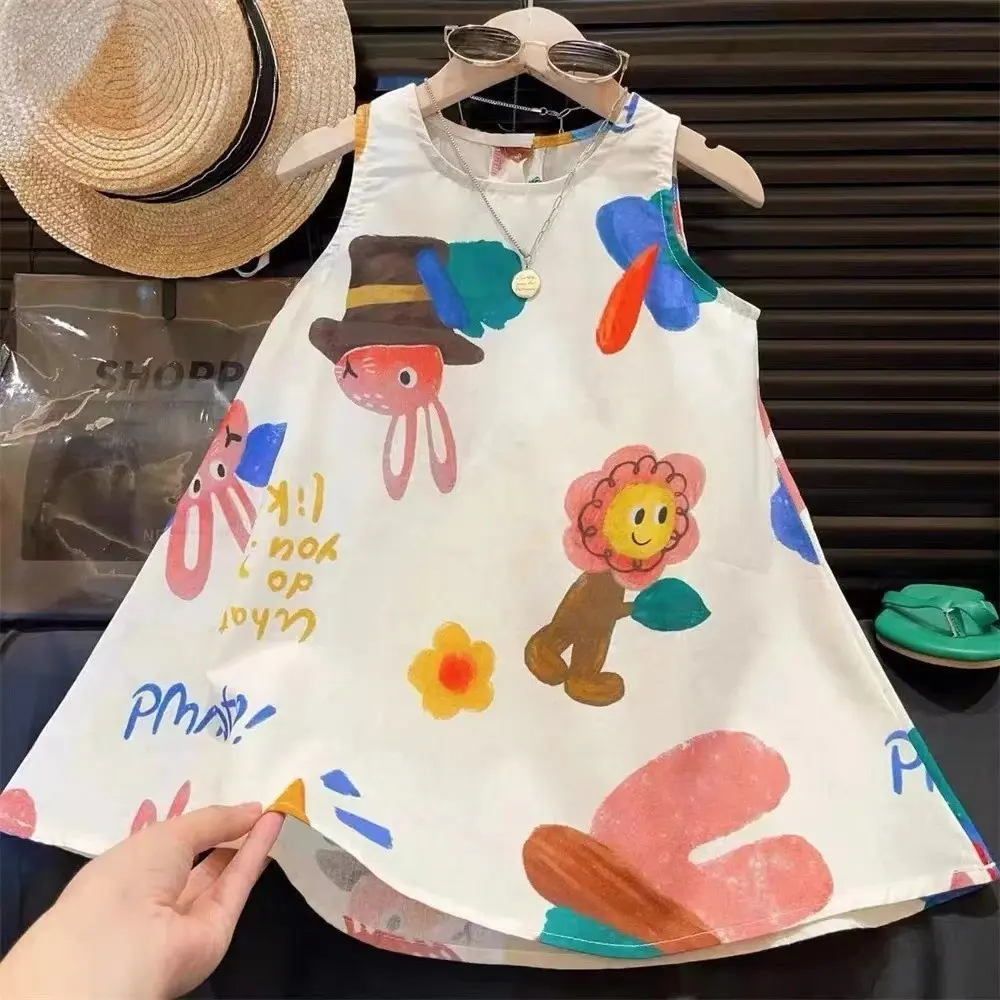 Summer New Kids Casual Cute Cartoon Pattern Print Sleeveless O-Neck A-Line Dress 1 Pc 2-7 Years Girls Fashion Simple Clothes