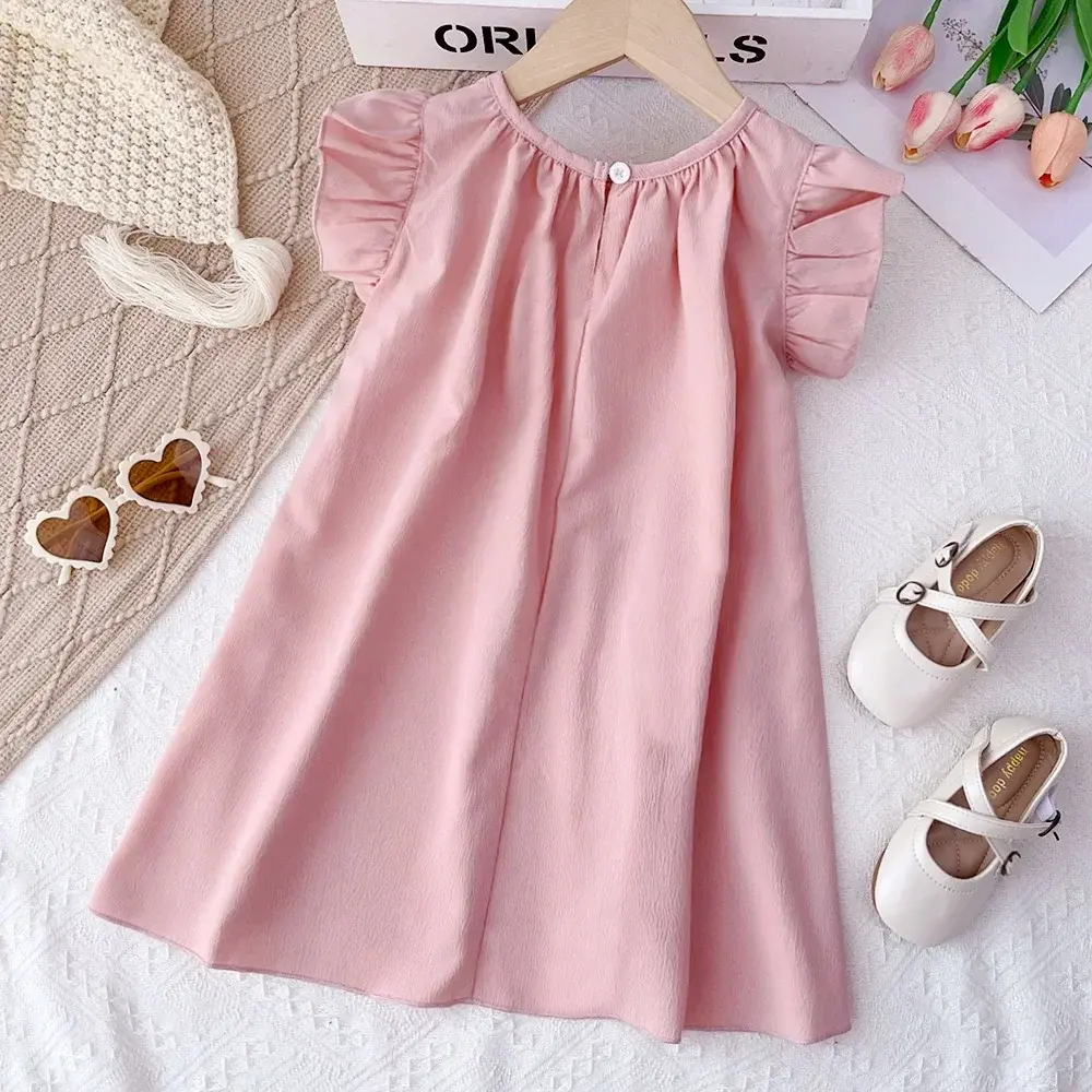 3-7 Years Girls Summer Sleeveless O-Neck Solid Color Fashion Pleated Princess Dress 1 Pc Kids Sweet Casual Clothes