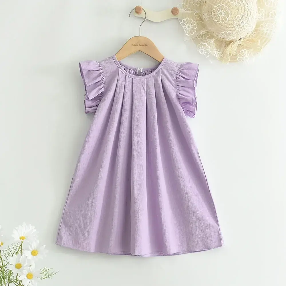 3-7 Years Girls Summer Sleeveless O-Neck Solid Color Fashion Pleated Princess Dress 1 Pc Kids Sweet Casual Clothes