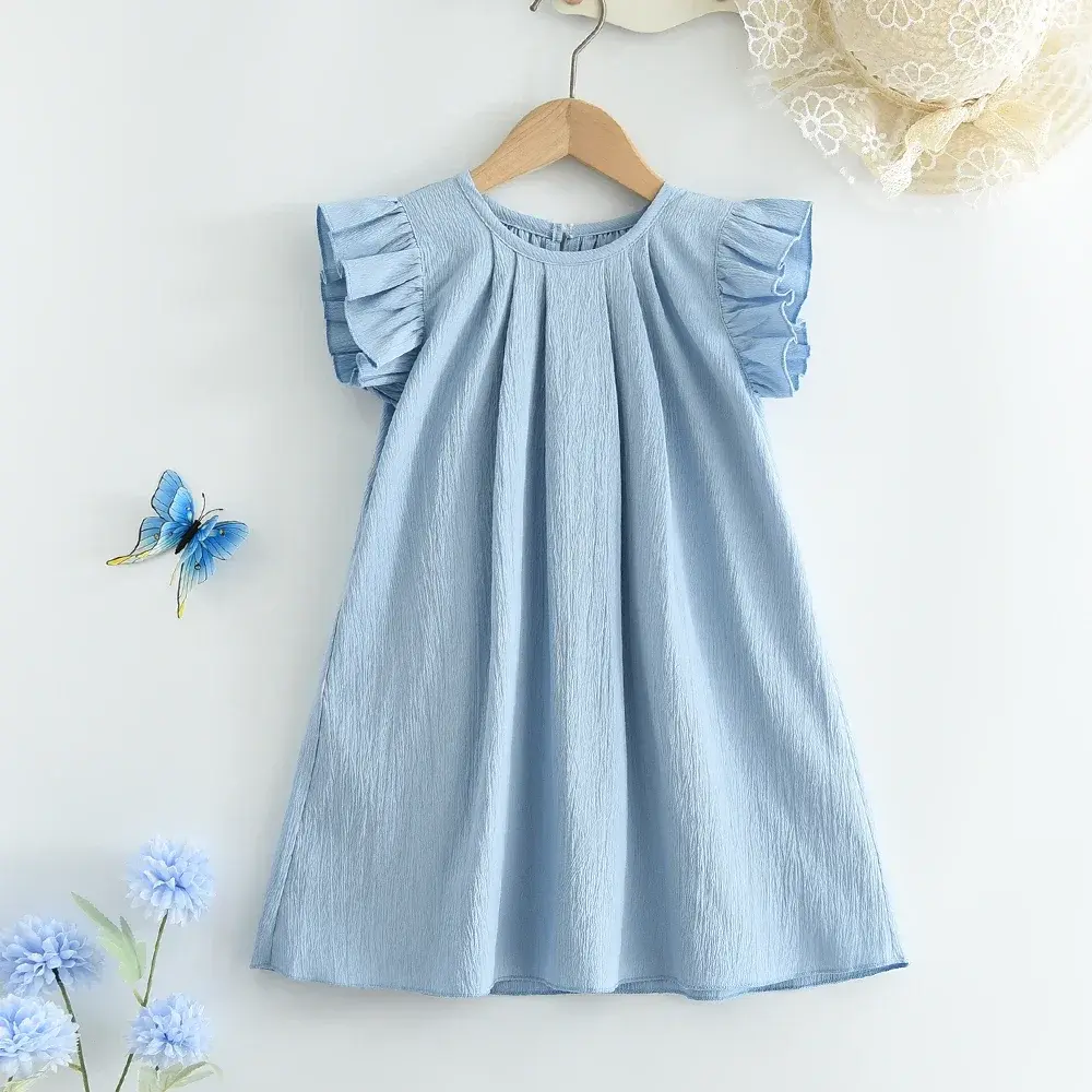 3-7 Years Girls Summer Sleeveless O-Neck Solid Color Fashion Pleated Princess Dress 1 Pc Kids Sweet Casual Clothes