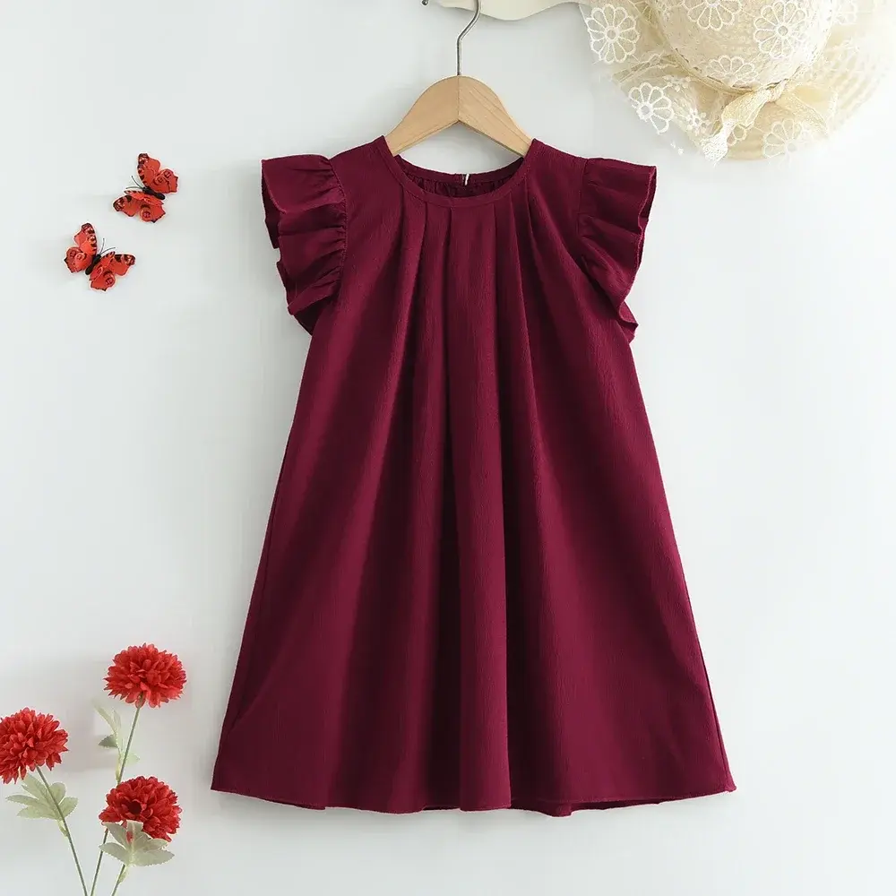 3-7 Years Girls Summer Sleeveless O-Neck Solid Color Fashion Pleated Princess Dress 1 Pc Kids Sweet Casual Clothes