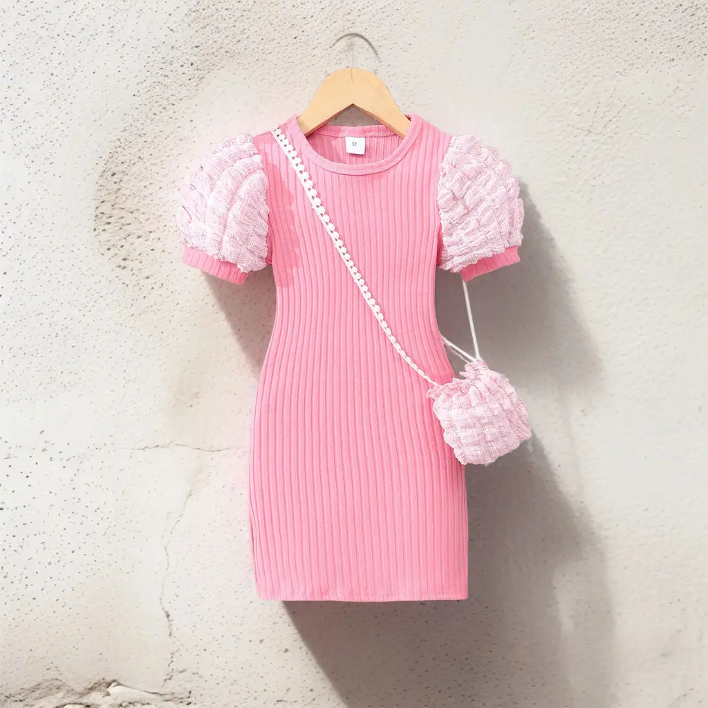 2024 Midi Dress Kids Girl Clothes Summer Short Sleeve Baby Girl Bodycon Dress Party Wrap Tight Children Dresses 3 4 5 6 7 8 Year