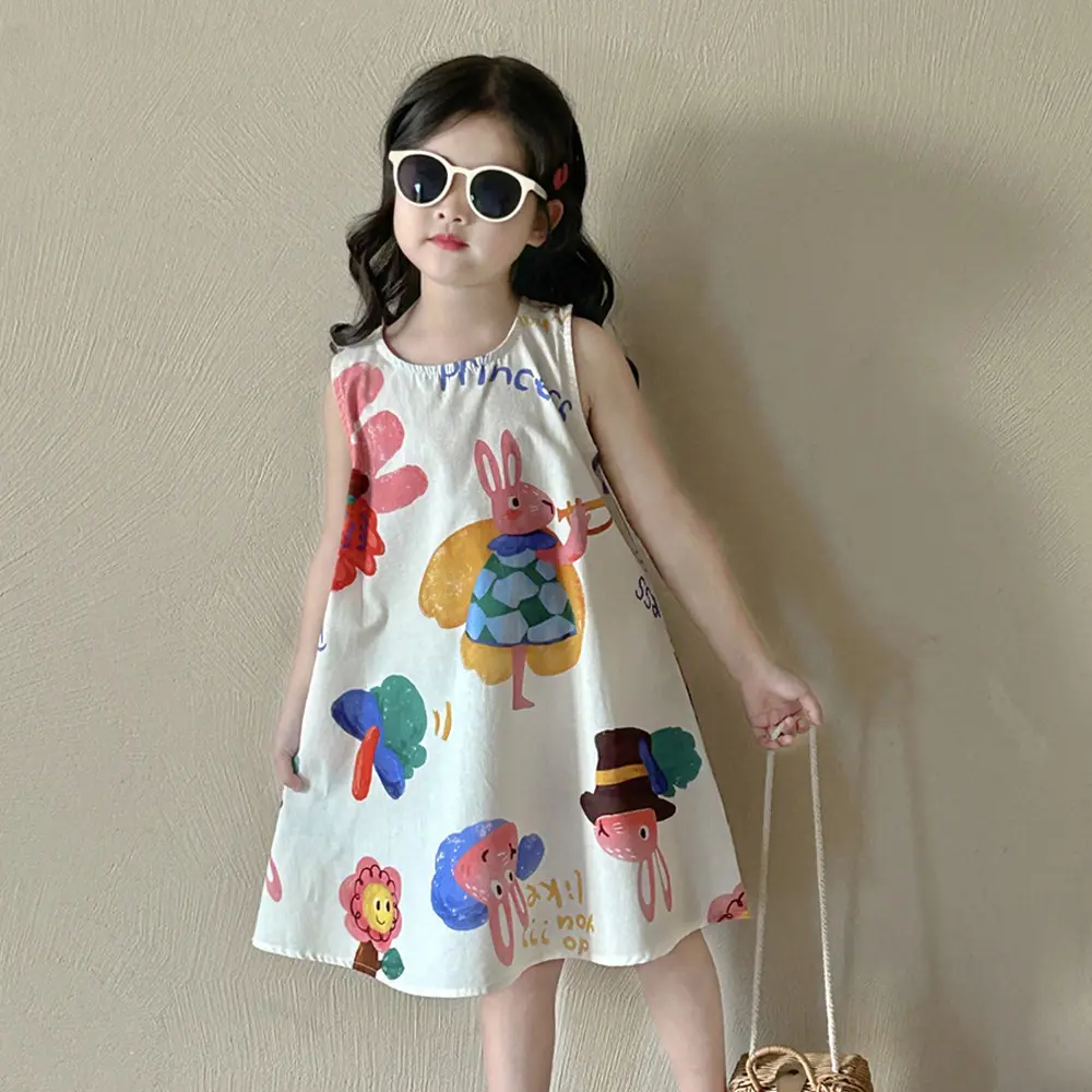 Summer New Kids Casual Cute Cartoon Pattern Print Sleeveless O-Neck A-Line Dress 1 Pc 2-7 Years Girls Fashion Simple Clothes