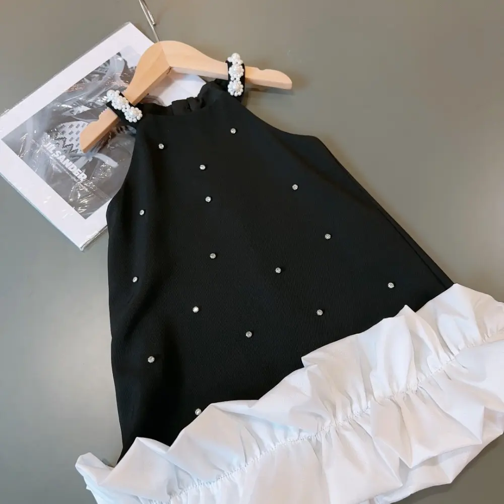 Bear Leader Black Suspender Pearl Decorated Princess Dresses Summer Lace Patchwork Girls Dress Birthday Party Kids Clothes
