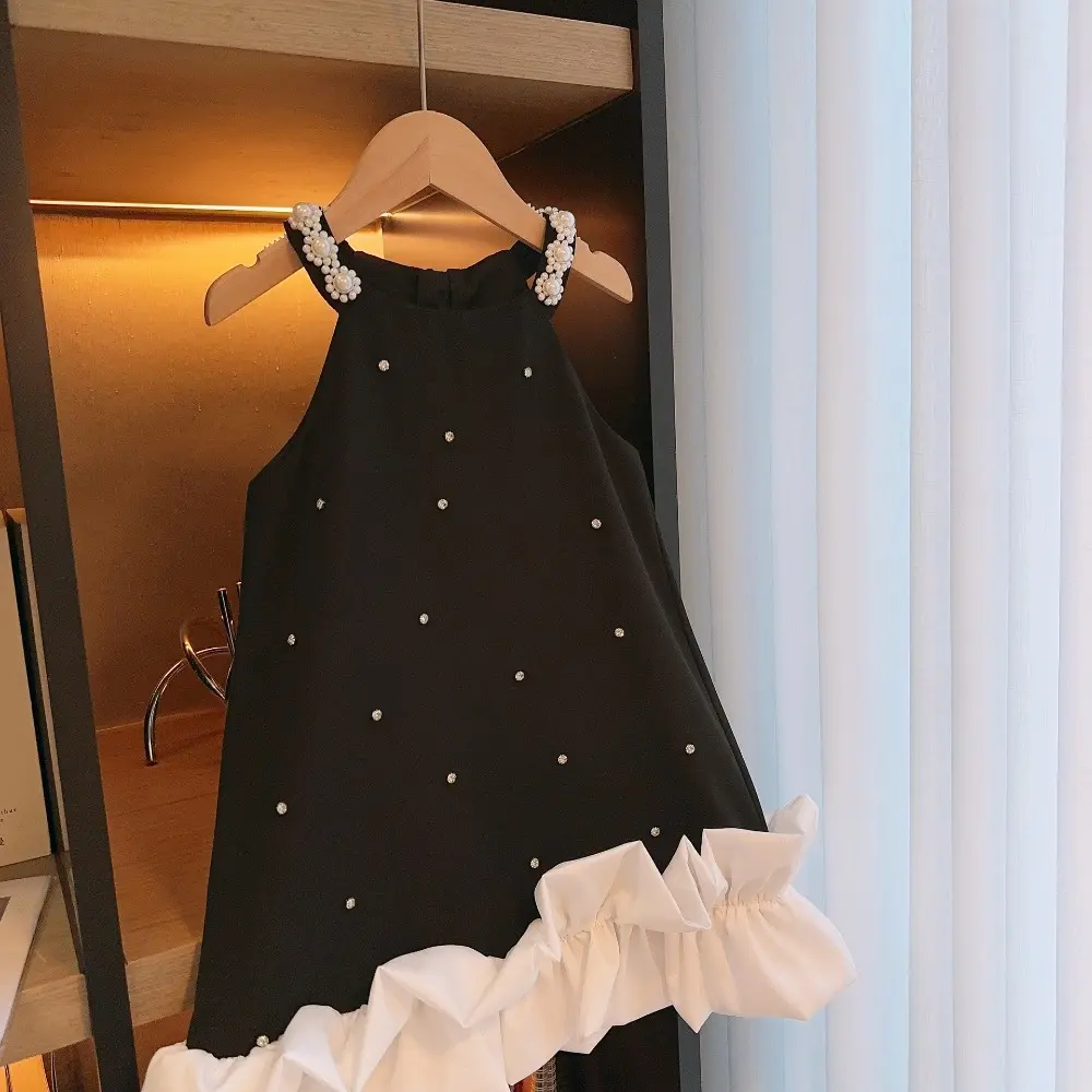 Bear Leader Black Suspender Pearl Decorated Princess Dresses Summer Lace Patchwork Girls Dress Birthday Party Kids Clothes