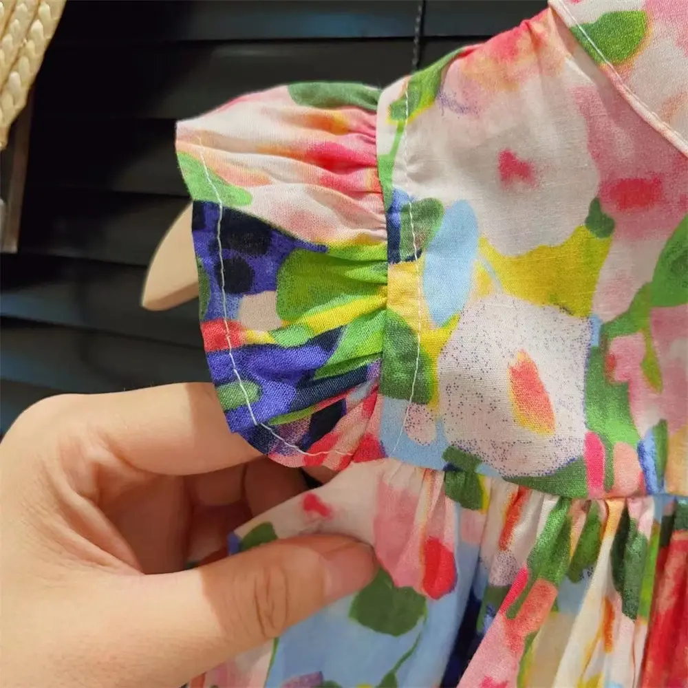 2-7-year-old Girls' Casual Clothes Flying Sleeve Single Breasted Colorful Floral Princess Dress Korean Version Summer New