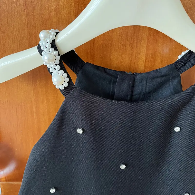 Summer New Elegant Girls Dress Black Pearls Decorate Sleeveless Slip Princess Dress For 2-10 Years Girls Party Sundress