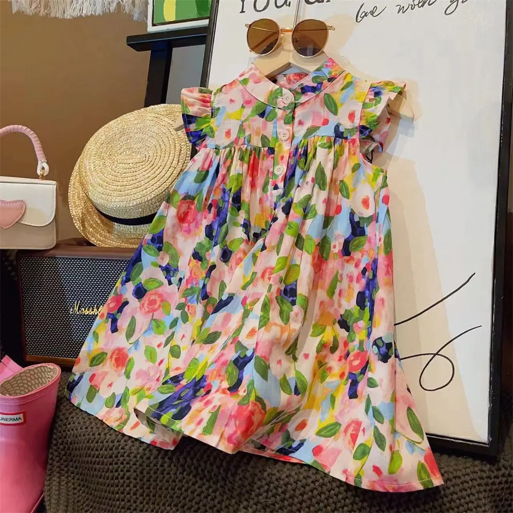 2-7-year-old Girls' Casual Clothes Flying Sleeve Single Breasted Colorful Floral Princess Dress Korean Version Summer New