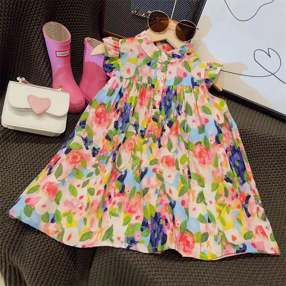 2-7-year-old Girls' Casual Clothes Flying Sleeve Single Breasted Colorful Floral Princess Dress Korean Version Summer New