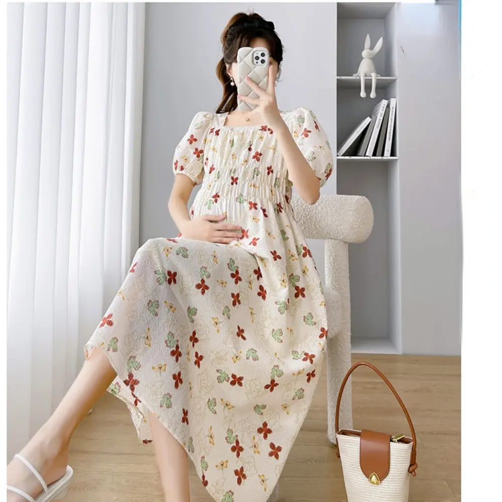 New Maternity Chiffon Dresses Summer Clothes for Pregnant Women 2022 New Chinese Style Vintage Patchwork Pregnancy Vestidos
