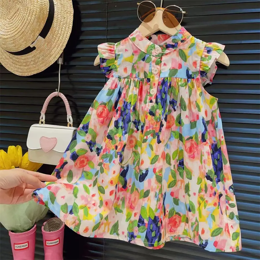 2-7-year-old Girls' Casual Clothes Flying Sleeve Single Breasted Colorful Floral Princess Dress Korean Version Summer New