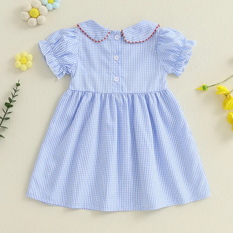 Pudcoco Toddler Baby Girls Dress Letter Apple Embroidery Plaid Doll Collar Short Sleeve Casual Dress Kids Summer Dress 1-7T