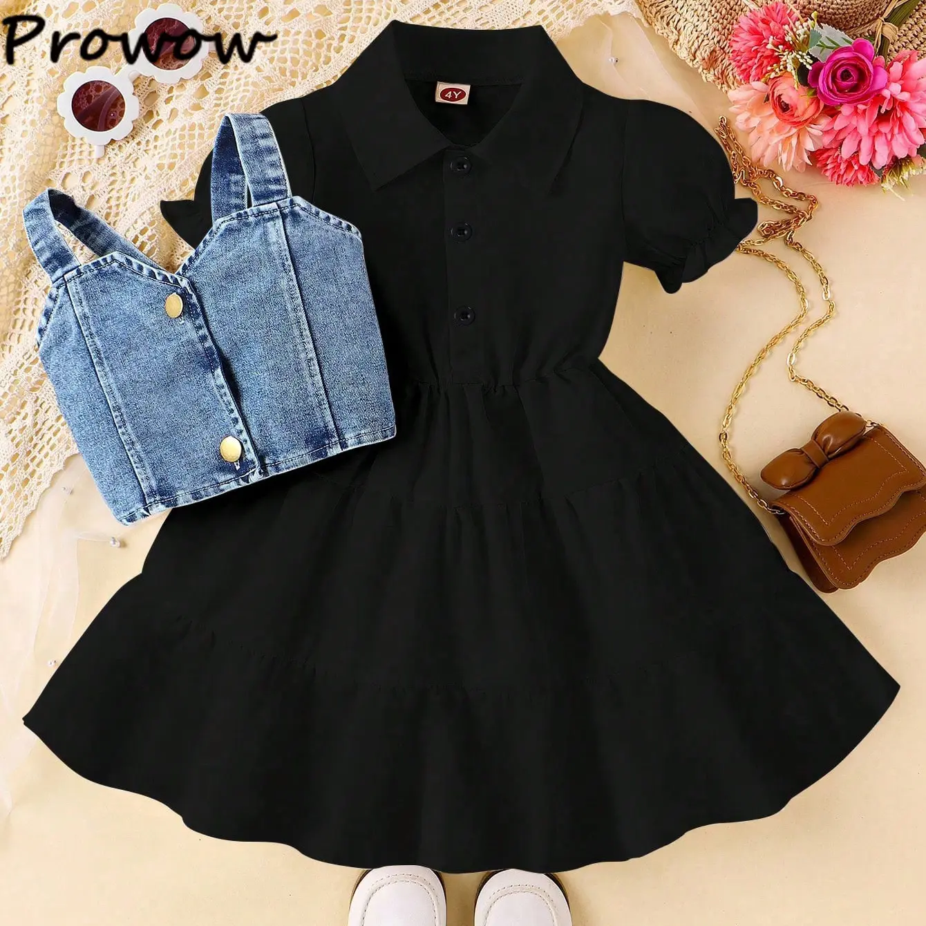 Prowow Girls Party Dresses Fashion Denim Beading Vest+Puffy White Dress For Girls Kids Clothes Gift Children Shirt Dresses