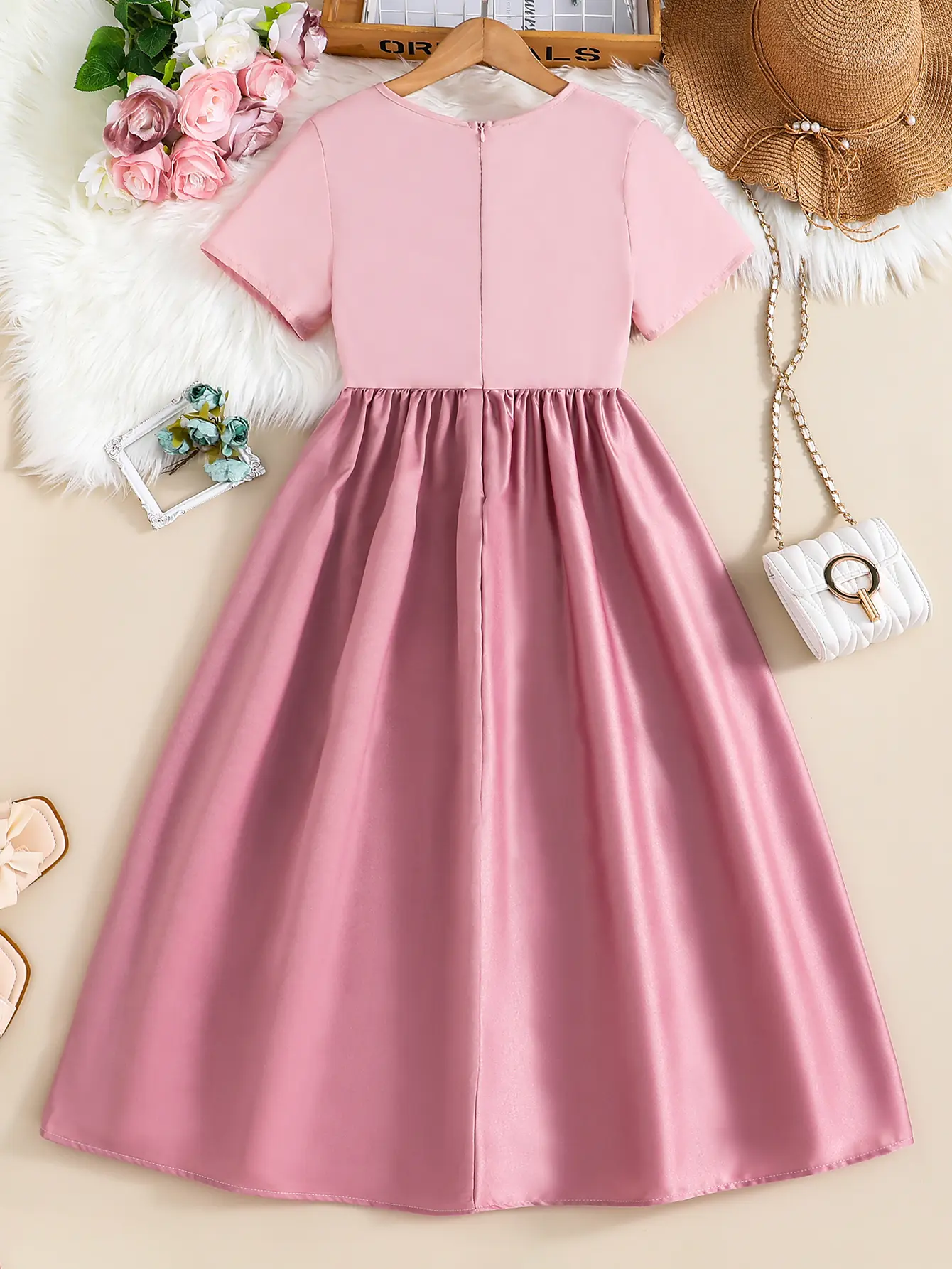 Summer Retro Elegant Girls' Waist Decal Round Neck Zipper Short Sleeved Solid Color Medium Long Dress