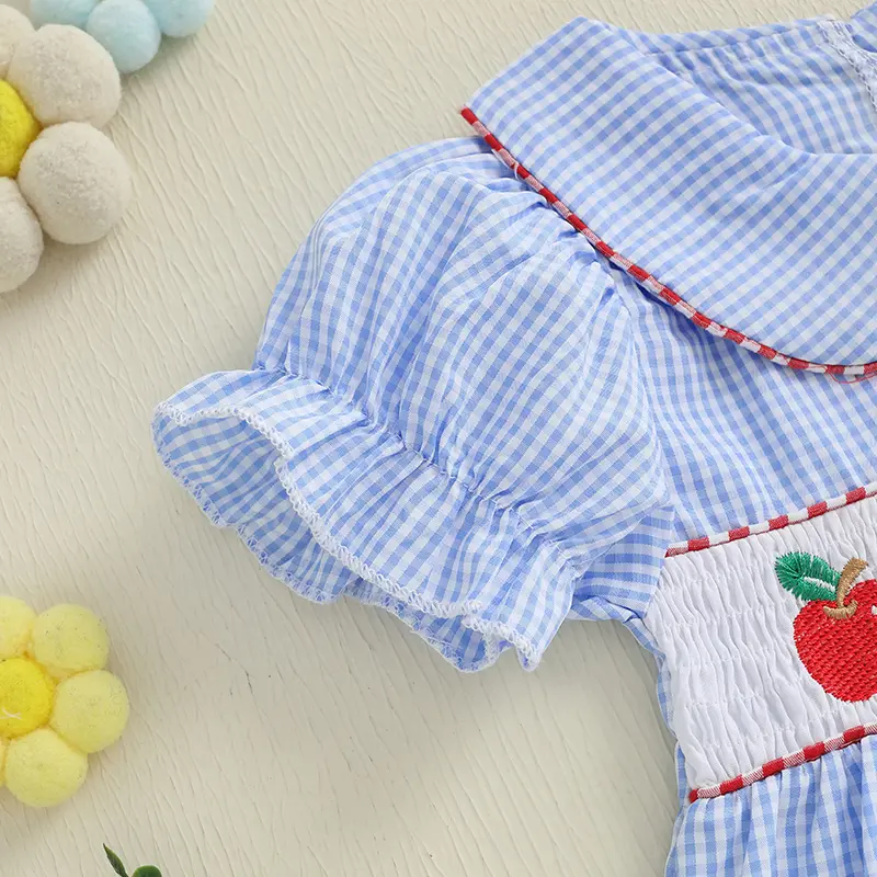 Pudcoco Toddler Baby Girls Dress Letter Apple Embroidery Plaid Doll Collar Short Sleeve Casual Dress Kids Summer Dress 1-7T