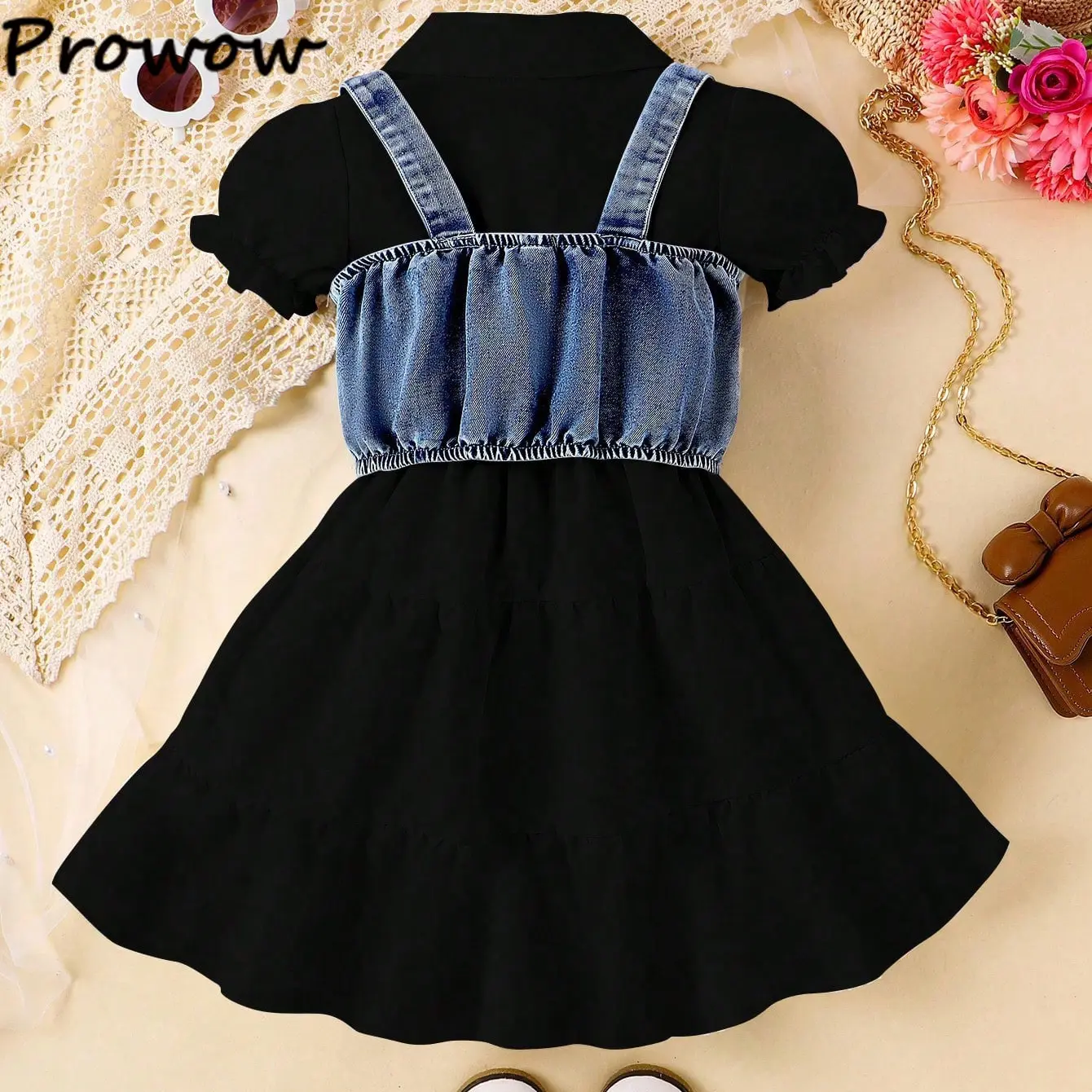 Prowow Girls Party Dresses Fashion Denim Beading Vest+Puffy White Dress For Girls Kids Clothes Gift Children Shirt Dresses
