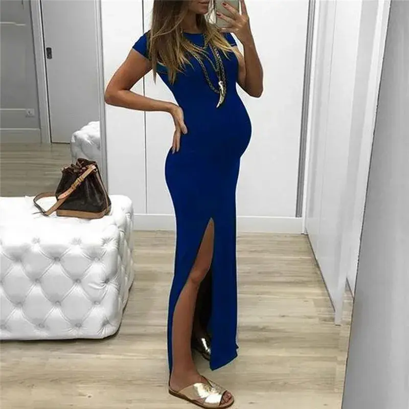 Pregnant Tight Open Long Dress Women Solid O-Neck Short Sleeve Maternity  Spring Summer   Pregnancy Clothes