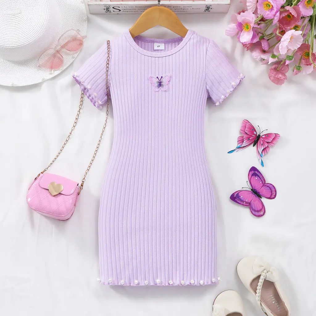 2025 Purple Kids Girl Slim Fit Dress Summer Short Sleeve Cute Butterfly Casual Birthday Party Toddler Girl Dress 2 3 4 5 6 7 Yrs