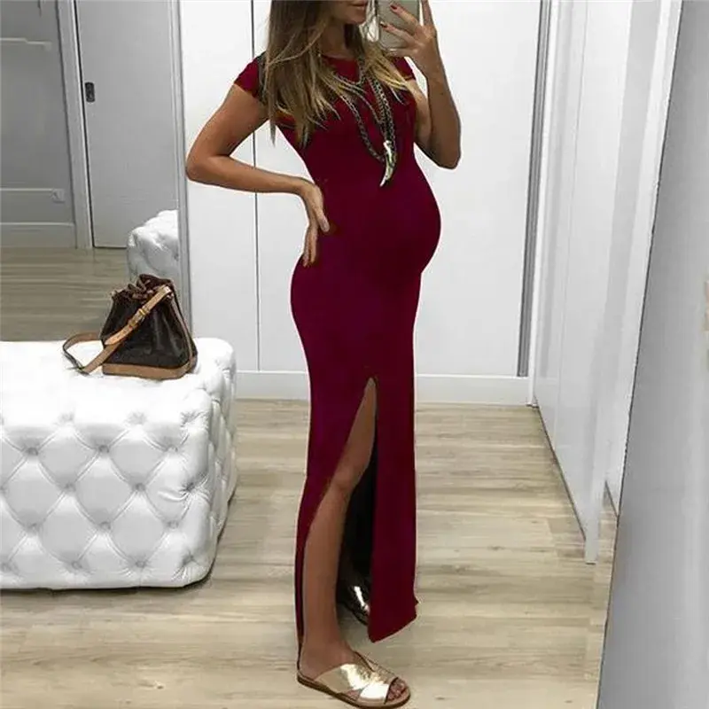 Pregnant Tight Open Long Dress Women Solid O-Neck Short Sleeve Maternity  Spring Summer   Pregnancy Clothes