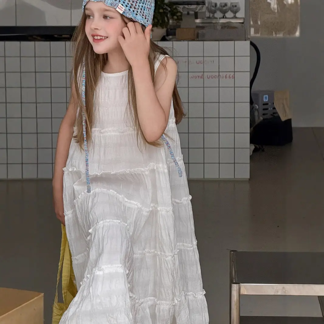 Girls Skirt 2025 Summer New Childrens Clothing Korean Girl Baby Sleeveless Pure Color Princess Holiday Dress Casual Simple Daily