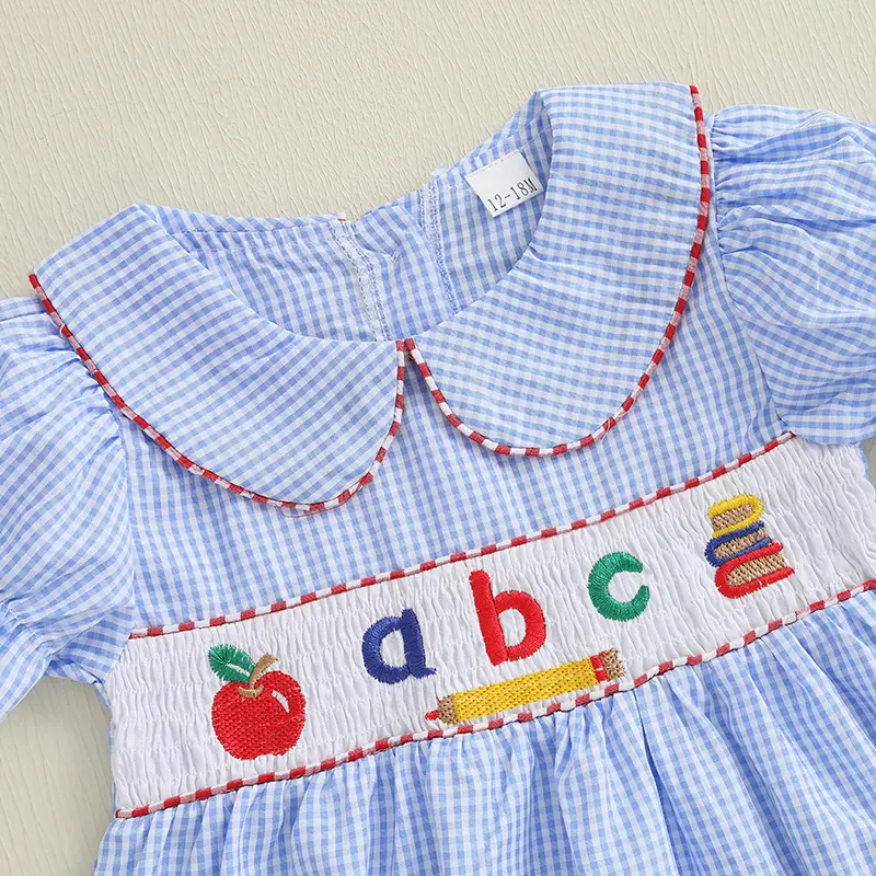 Pudcoco Toddler Baby Girls Dress Letter Apple Embroidery Plaid Doll Collar Short Sleeve Casual Dress Kids Summer Dress 1-7T