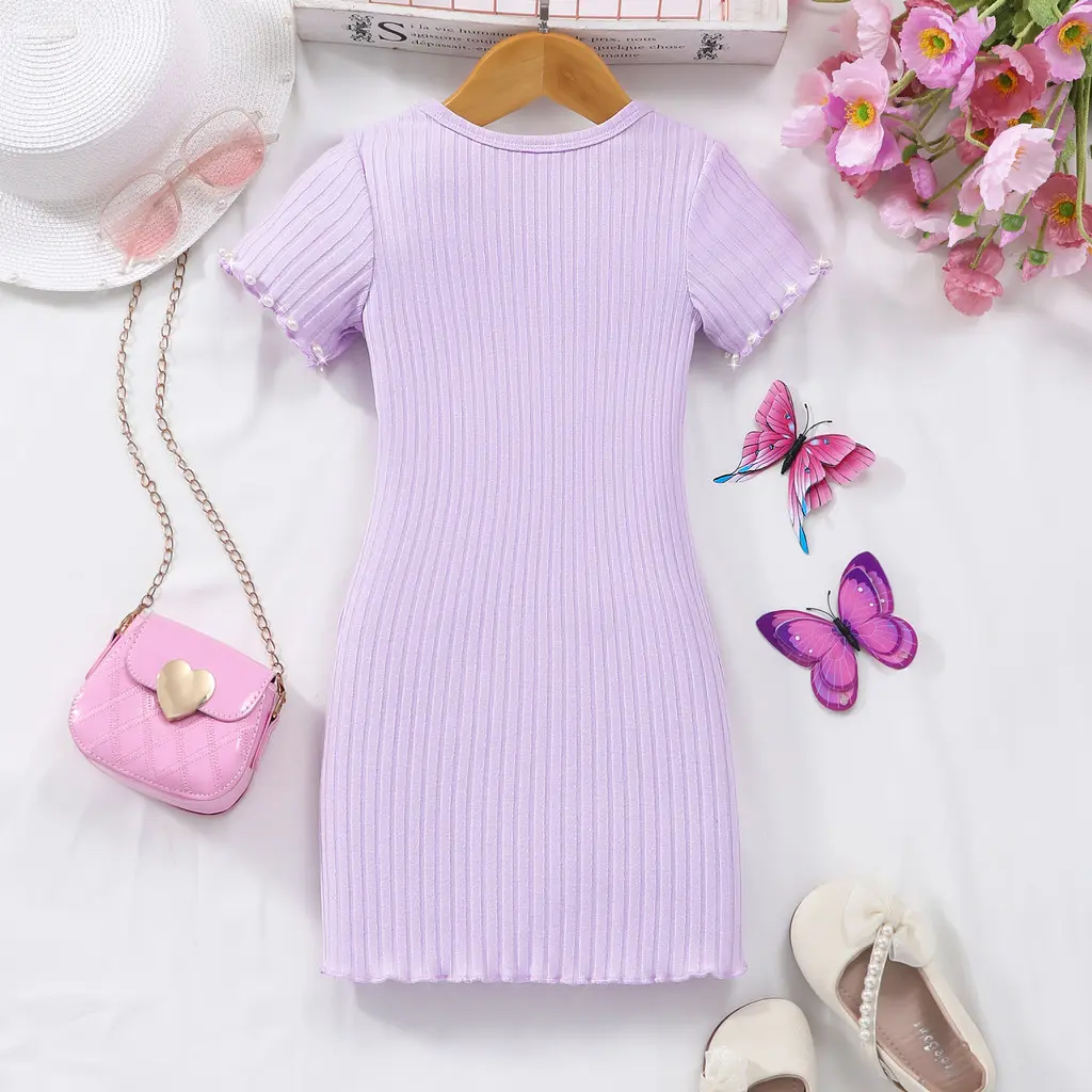 2025 Purple Kids Girl Slim Fit Dress Summer Short Sleeve Cute Butterfly Casual Birthday Party Toddler Girl Dress 2 3 4 5 6 7 Yrs