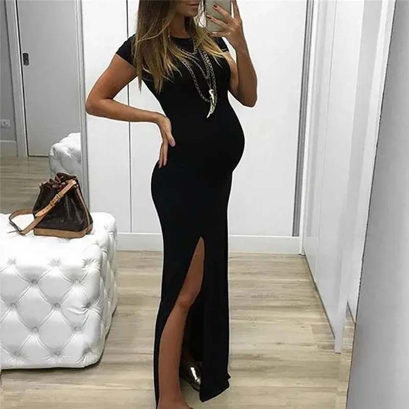 Pregnant Tight Open Long Dress Women Solid O-Neck Short Sleeve Maternity  Spring Summer   Pregnancy Clothes