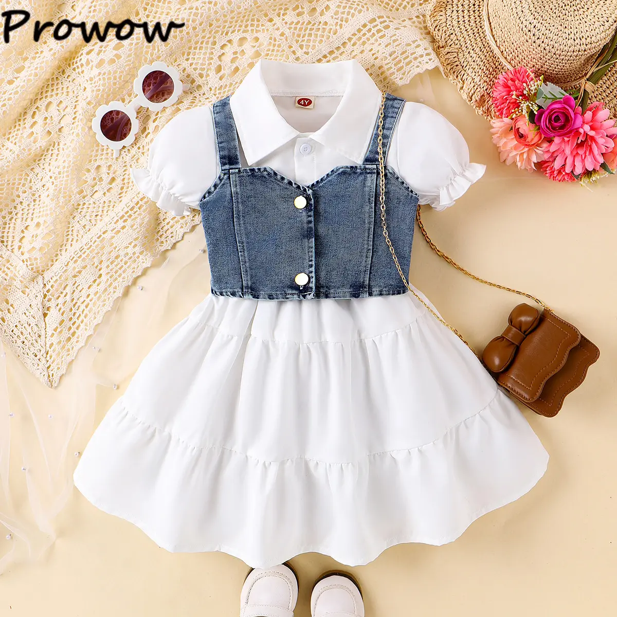 Prowow Girls Party Dresses Fashion Denim Beading Vest+Puffy White Dress For Girls Kids Clothes Gift Children Shirt Dresses