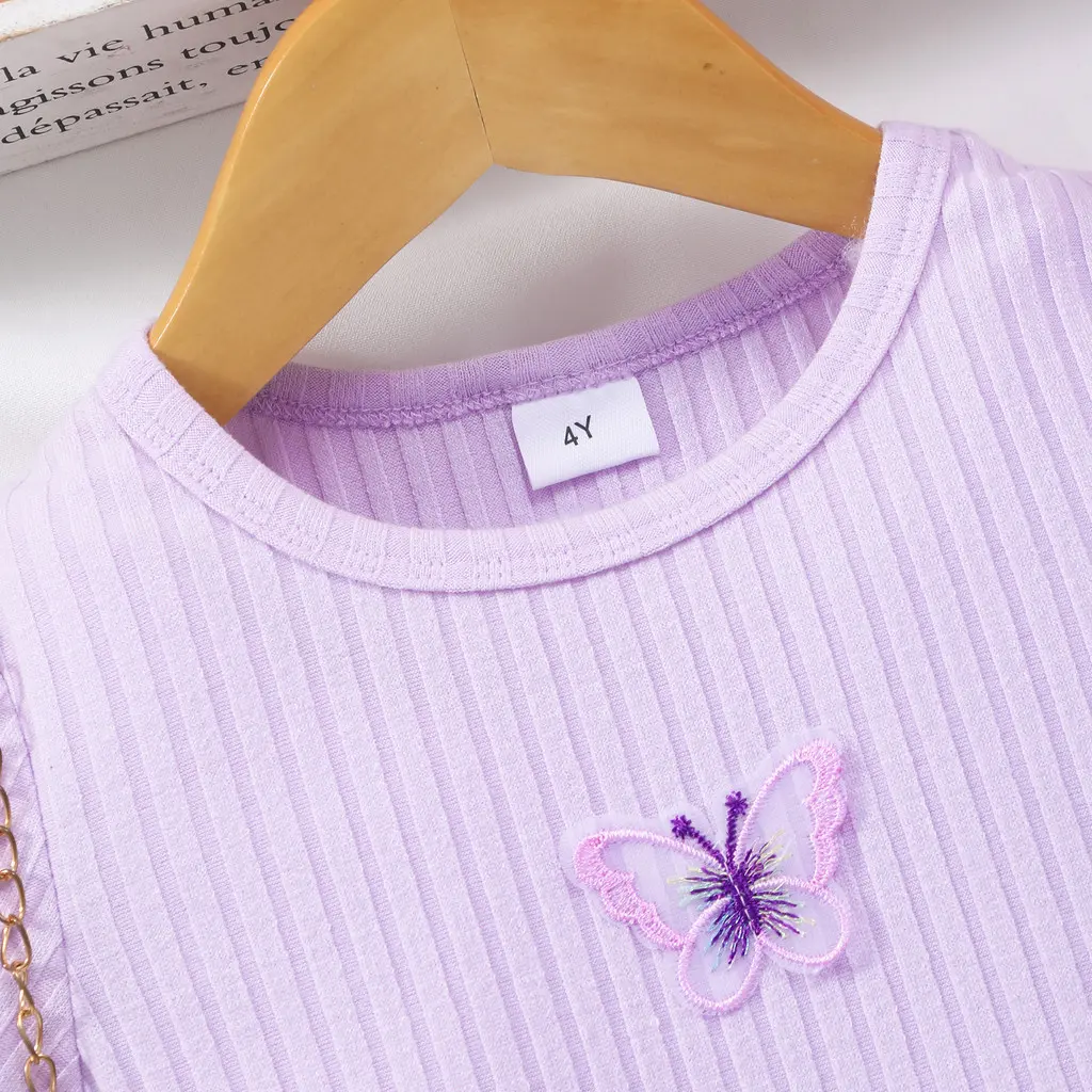 2025 Purple Kids Girl Slim Fit Dress Summer Short Sleeve Cute Butterfly Casual Birthday Party Toddler Girl Dress 2 3 4 5 6 7 Yrs